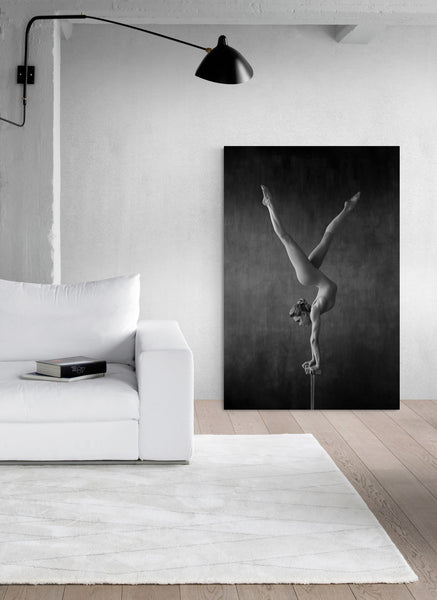 Female, gymnast, acrobat, handstand, vintage, circus. Art print close to a living room wall.