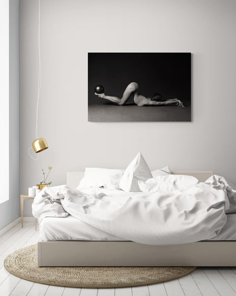 Ballerina, bodysuit, stretching on the floor, like a cat, ass up. Photo print, on the wall, decor, sleeping room.
