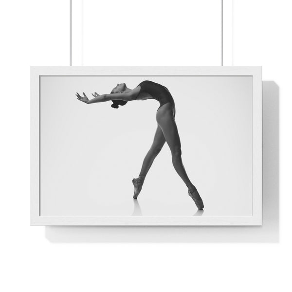 Ballerina performing a cambre in an artistic photo presented as a print with a white frame
