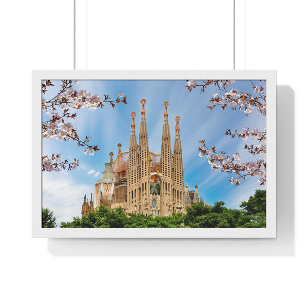 "Close-up view of Sagrada Familia's intricate facade details, captured in a framed print with a white frame."
